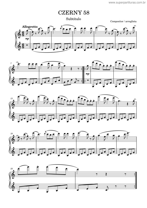 Partitura da música Czerny. Los Principios Del Piano. Ejercicio Nº 58 / The Principles Of The Piano. Exercise No. 58
