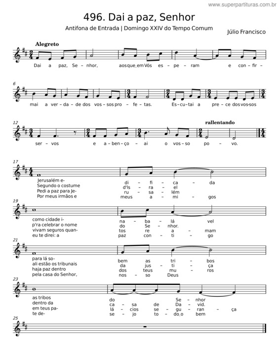 Partitura da música Dai A Paz, Senhor – Júlio Francisco
