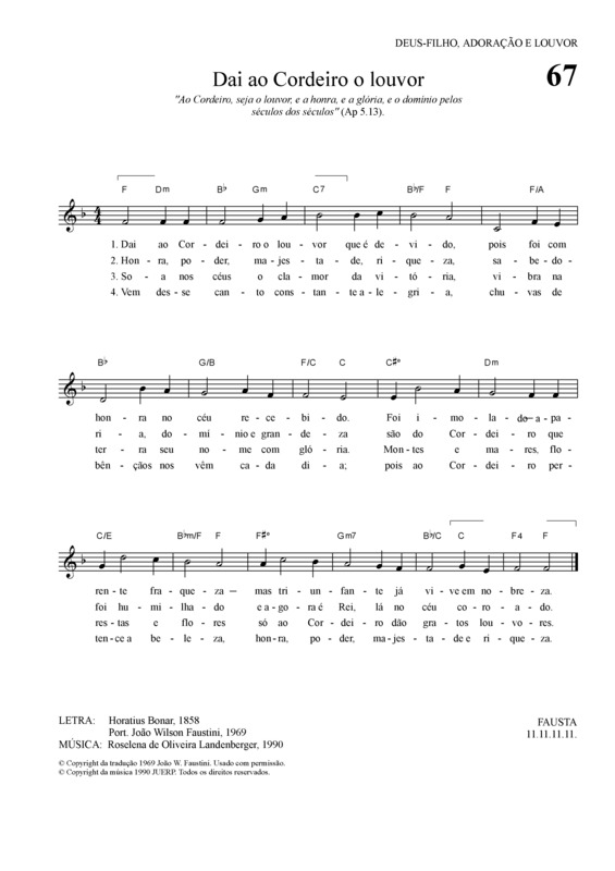 Partitura da música Dai Ao Cordeiro O Louvor