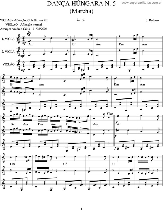 Partitura da música Dança Húngara