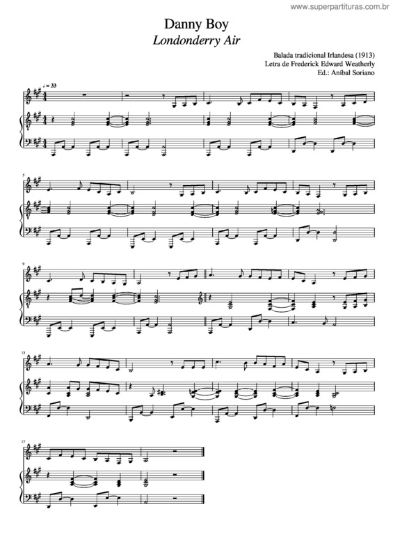 Partitura da música Danny Boy. Londonderry Air.