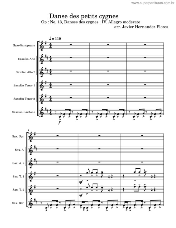 Partitura da música Danse Des Petits Cygnes Quinteto De Saxofones