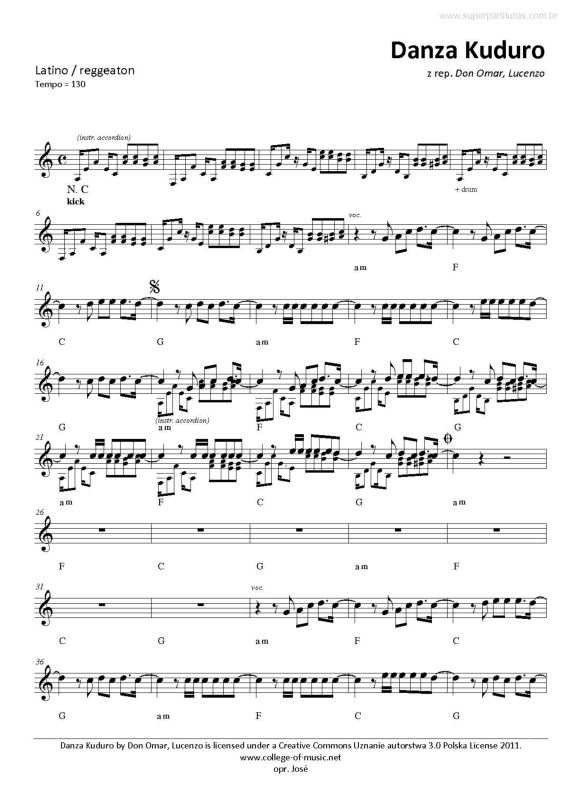 Partitura da música Danza Kuduro