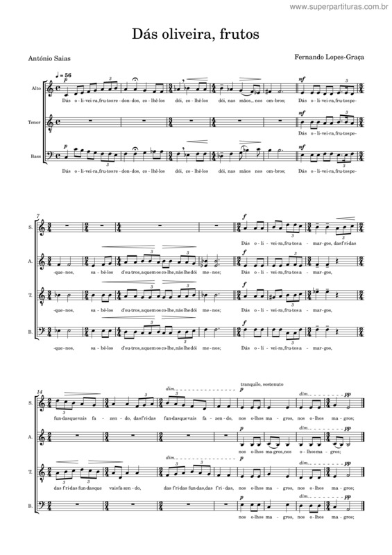 Partitura da música Dás Oliveira, Frutos – Fernando Lopes–Graça