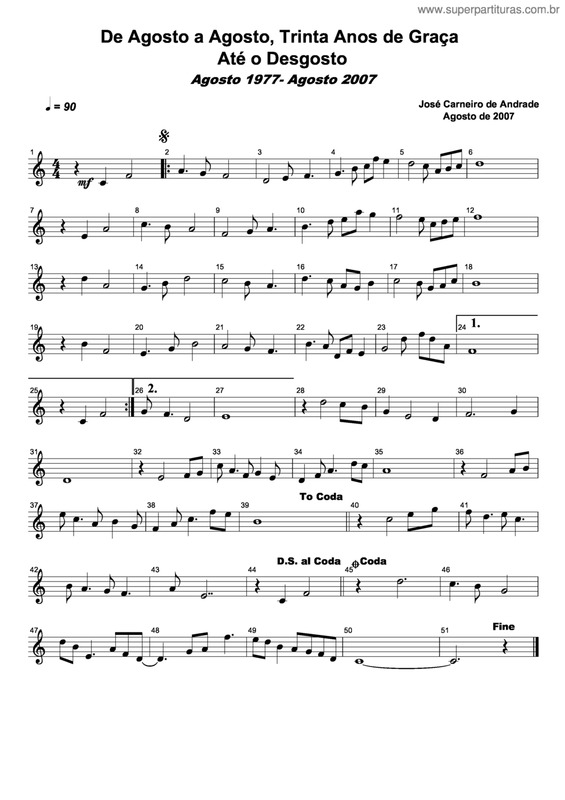 Partitura da música De Agosto A Agosto, Trinta Anos De Graça Até O Desgosto