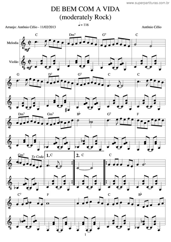 Partitura da música De Bem Com A Vida