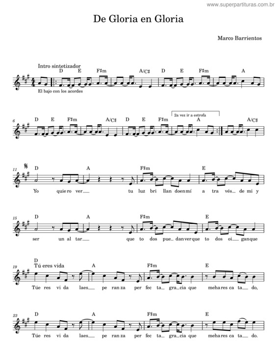 Partitura da música De Gloria En Gloria – Marco Barrientos