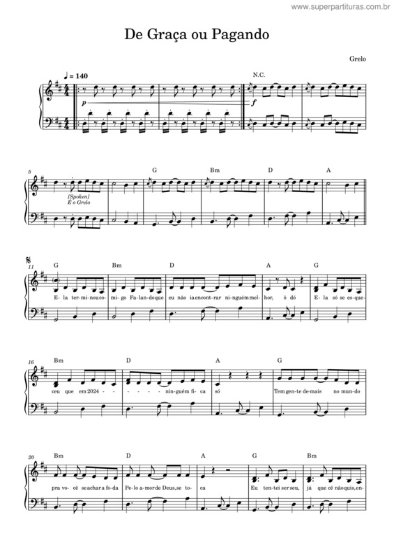 Partitura da música De Graça Ou Pagando – Grelo