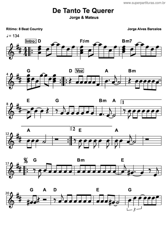 Partitura da música De Tanto Te Querer v.2