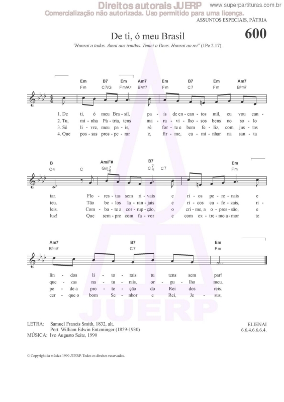 Partitura da música De Ti, Ó Meu Brasil - 600 HCC