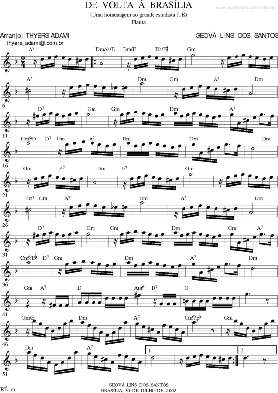 Partitura da música De Volta à Brasília
