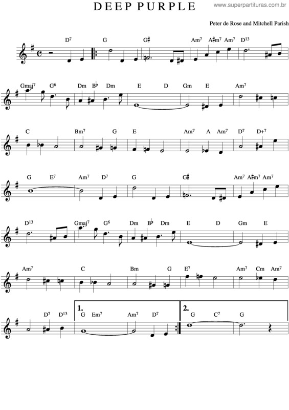 Partitura da música Deep Purple