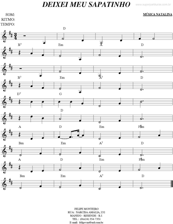 Partitura da música Deixei Meu Sapatinho (Natal)