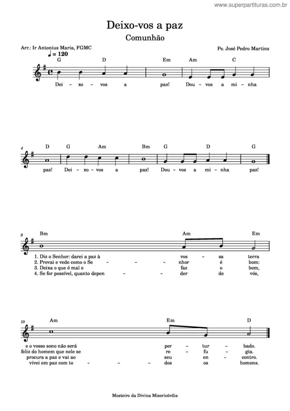 Partitura da música Deixo–Vos A Paz – Pe. José Pedro Martins
