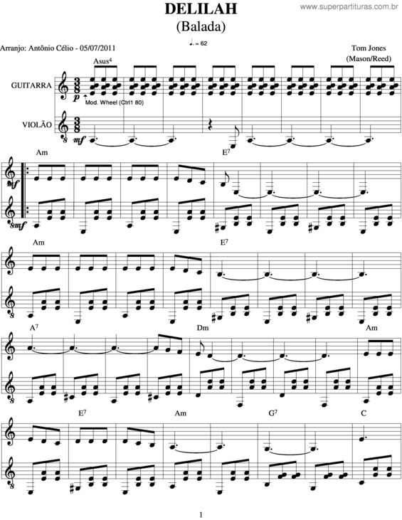 Partitura da música Delilah