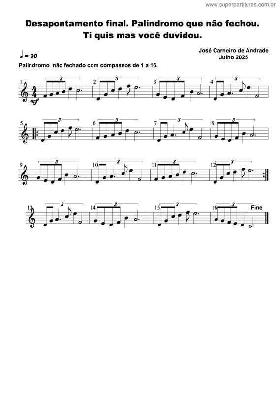 Partitura da música Desapontamento Final. Palíndromo Que Não Fechou. Ti Quis Mas Você Duvidou.