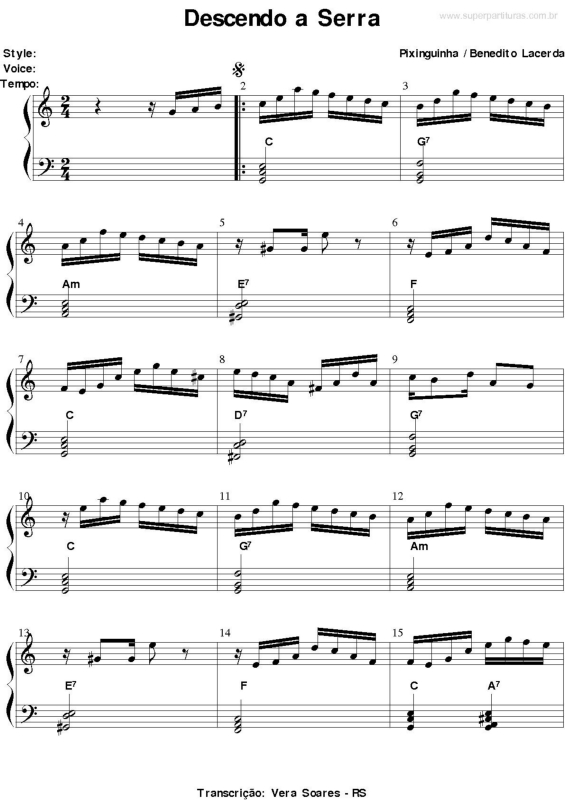 Partitura da música Descendo a Serra