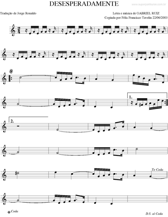 Partitura da música Desesperadamente