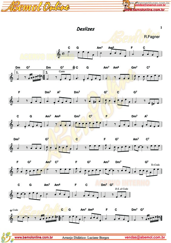 Deslizes - Fagner - Partitura para Saxofone Tenor Soprano (Bb)