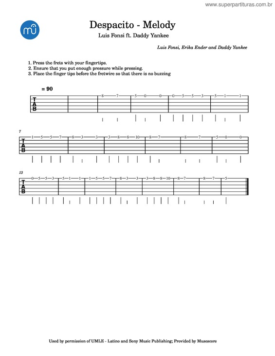 Partitura da música Despacito – Melody