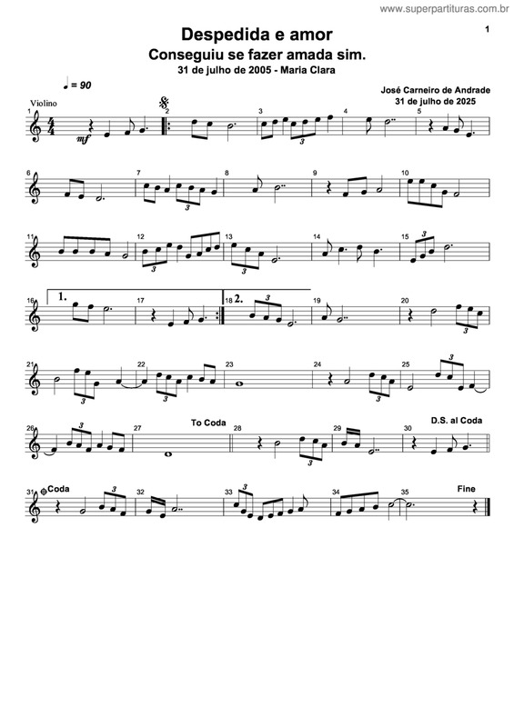 Partitura da música Despedida E Amor