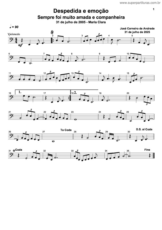 Partitura da música Despedida E Emoção. Sempre Foi Muito Amada E Companheira.