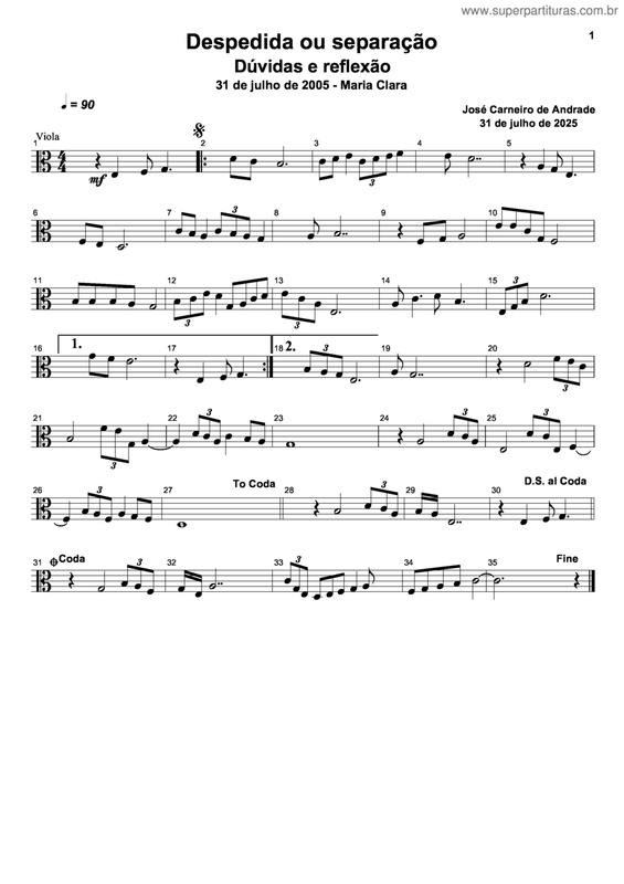 Partitura da música Despedida Ou Separação. Dúvidas E Reflexão.