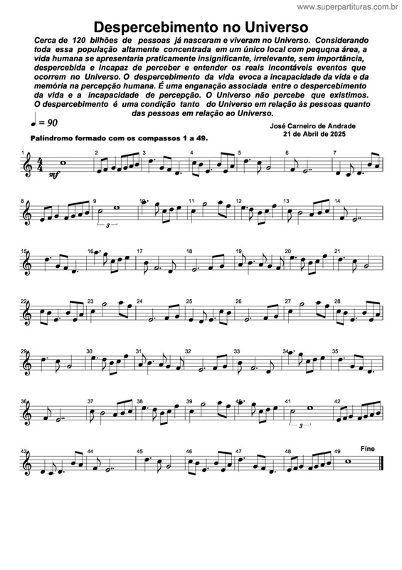 Partitura da música Despercebimento No Universo