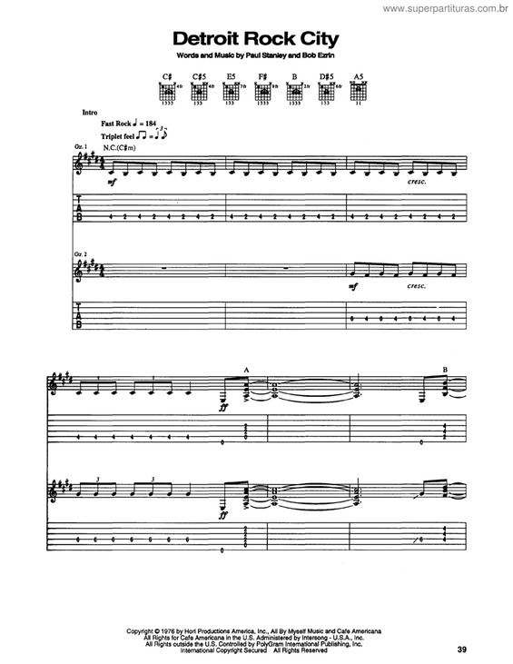 Partitura da música Detroit rock city