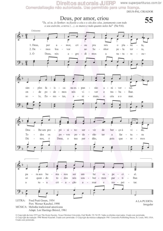 Partitura da música Deus, Por Amor, Criou - 55 HCC v.2