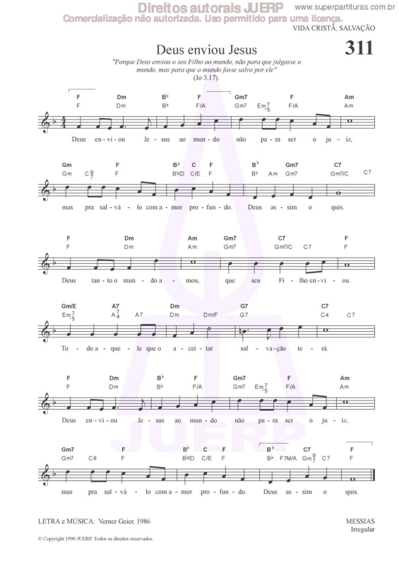 Partitura da música Deus Enviou Jesus - 311 HCC