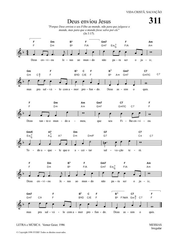 Partitura da música Deus Enviou Jesus