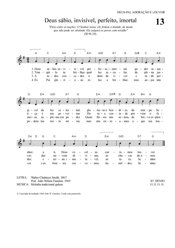 Partitura da música Deus Sábio Invisível Perfeito Imortal