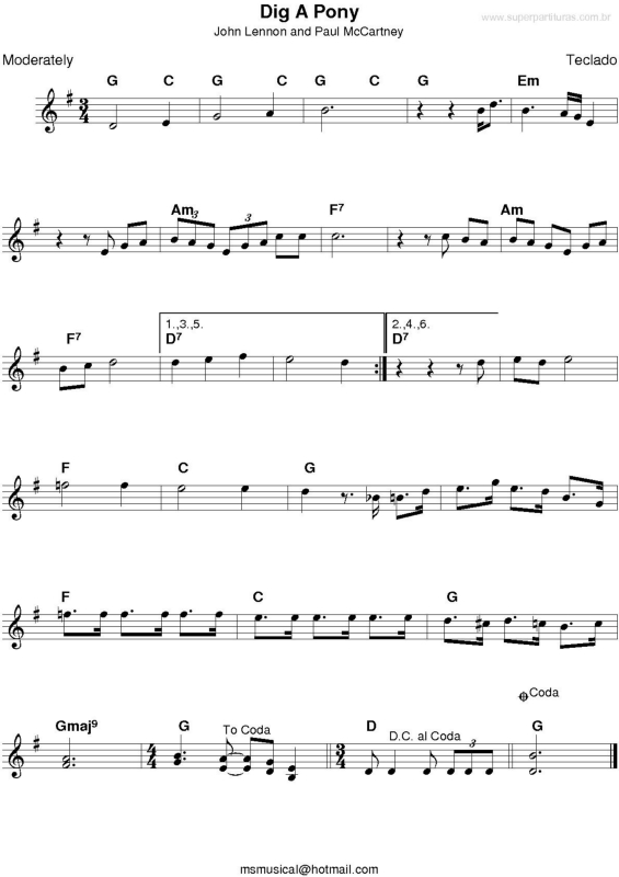 Partitura da música Dig A Pony v.2