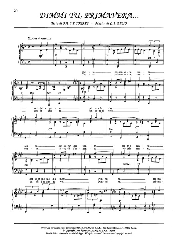 Partitura da música Dimmi Tu, Primavera