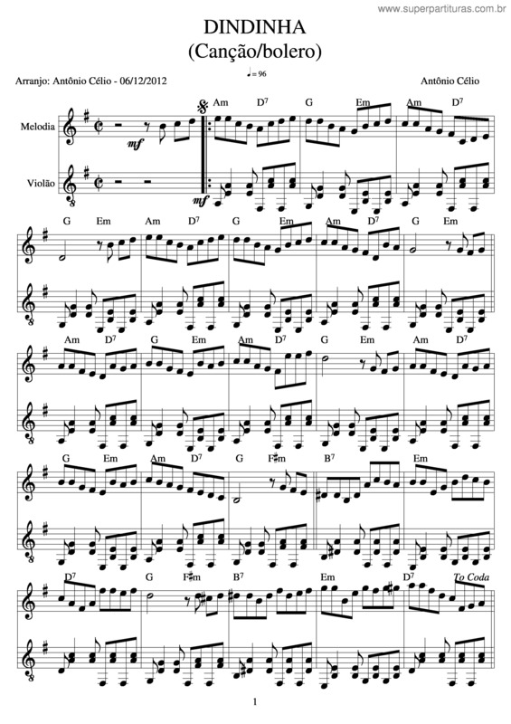 Partitura da música Dindinha