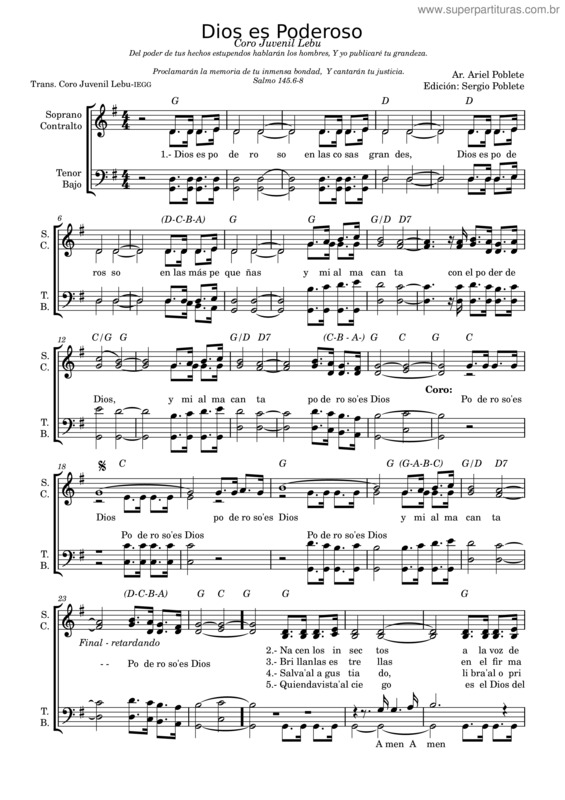 Partitura da música Dios Es Poderoso Coro Juvenil Lebu –