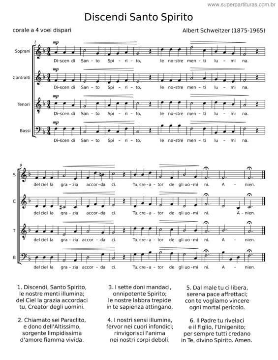 Partitura da música Discendi Santo Spirito – Albert Schweitzer