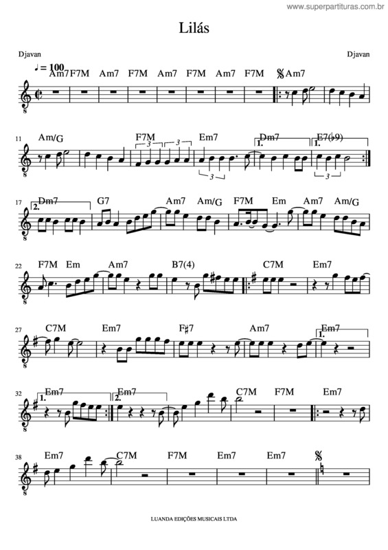 Partitura da música Djavan – Lilás