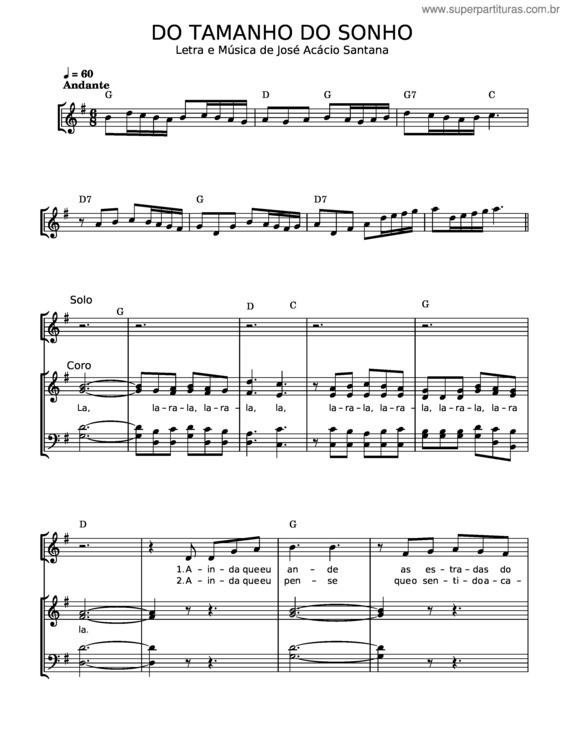 Partitura da música Do Tamanho Do Sonho – José Acácio Santana