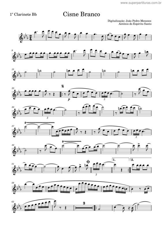 Partitura da música Dobrado Cisne Branco – Antônio Do Espírito Santo