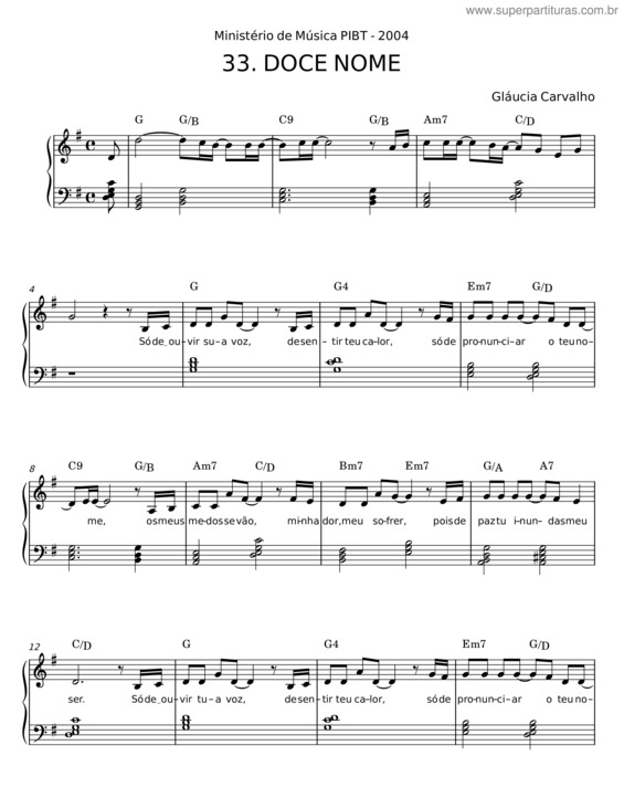 Partitura da música Doce Nome – Gláucia Carvalho