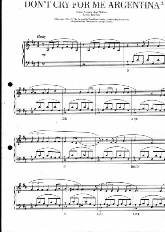 Partitura da música Don`t Cry For Me Argentina (Evita)