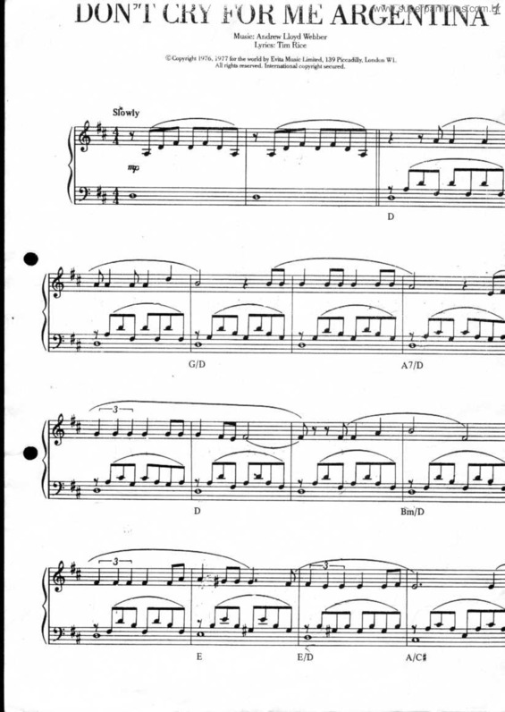 Partitura da música Don`t Cry For Me Argentina v.2