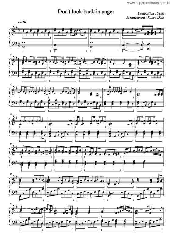 Partitura da música Don`T Look Back In Anger – Oasis