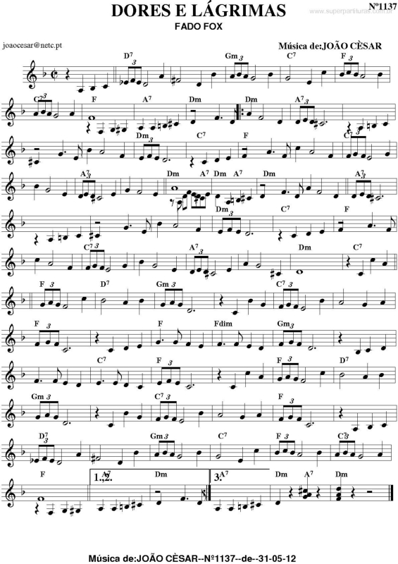 Partitura da música Dores e Lágrimas