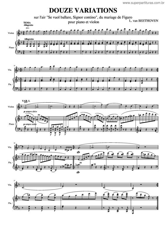 Partitura da música Douze Variations Sur Se Vuol Ballare, Signor Contino, Beethoven