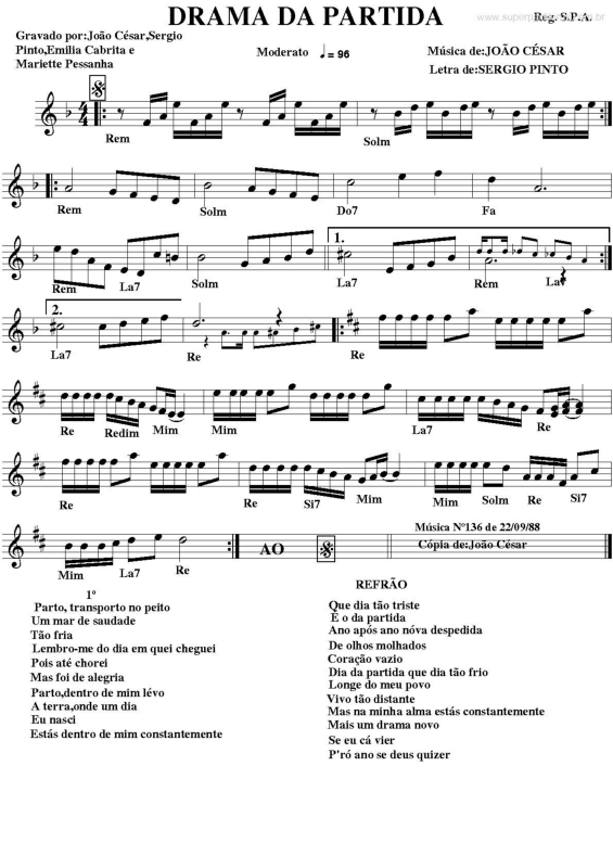 Partitura da música Drama da Partida