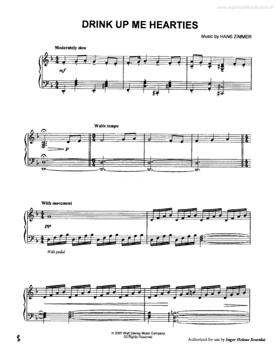 Partitura da música Drink Up Me Hearties (Piratas do Caribe -Pirates of the Caribbean)