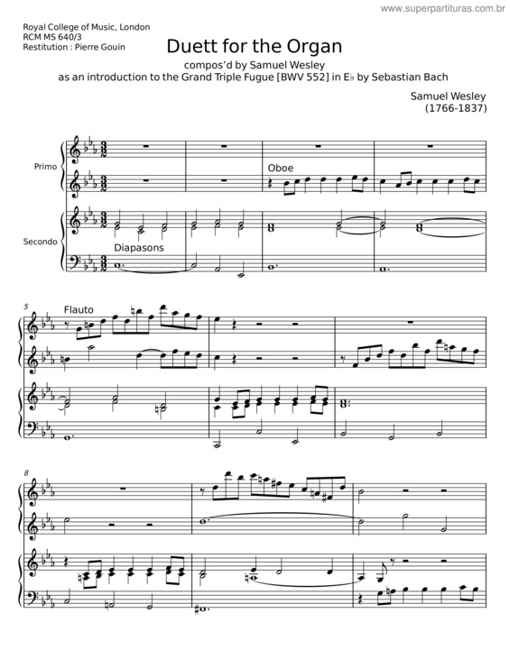 Partitura da música Duett For The Organ – Samuel Wesley